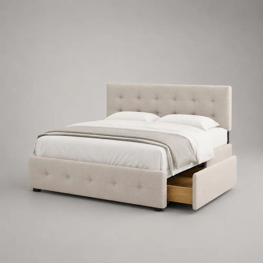 Letto matrimoniale imbottito in tessuto beige 160 x 200 cm, dimensioni 174 x 218 x 110 cm, con 2 cassetti