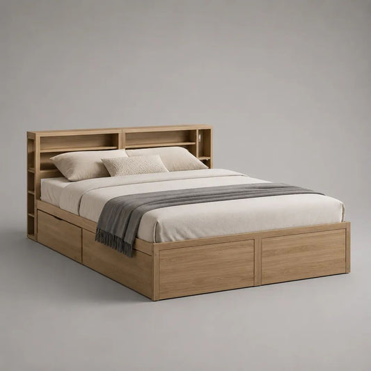 Letto matrimoniale in legno con 4 cassetti e testiera libreria, rovere naturale, 168 x 218 x 110 cm, rete 160 x 200 cm