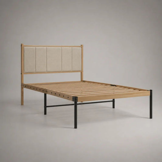 Letto matrimoniale 160 x 200 cm in legno e acciaio con testiera imbottita, beige, naturale e nero