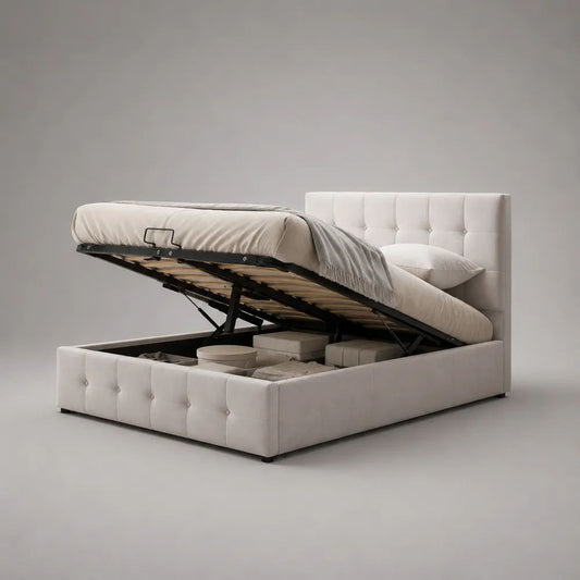 Letto matrimoniale contenitore 160 x 200 cm imbottito in tessuto effetto velluto beige con rete a doghe e testiera trapuntata