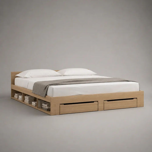 Letto matrimoniale contenitore 160 x 200 cm in pannelli di particelle melaminici, rovere naturale, con 2 cassetti e 6 vani