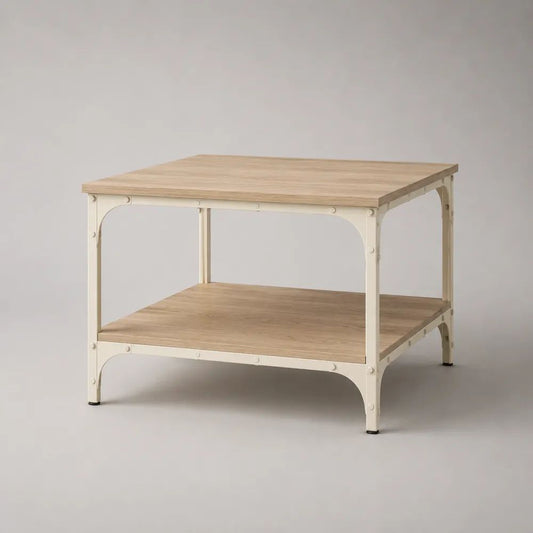 Tavolino quadrato a 2 ripiani in legno e acciaio, rovere naturale e beige crema, 60 × 60 × 55 cm