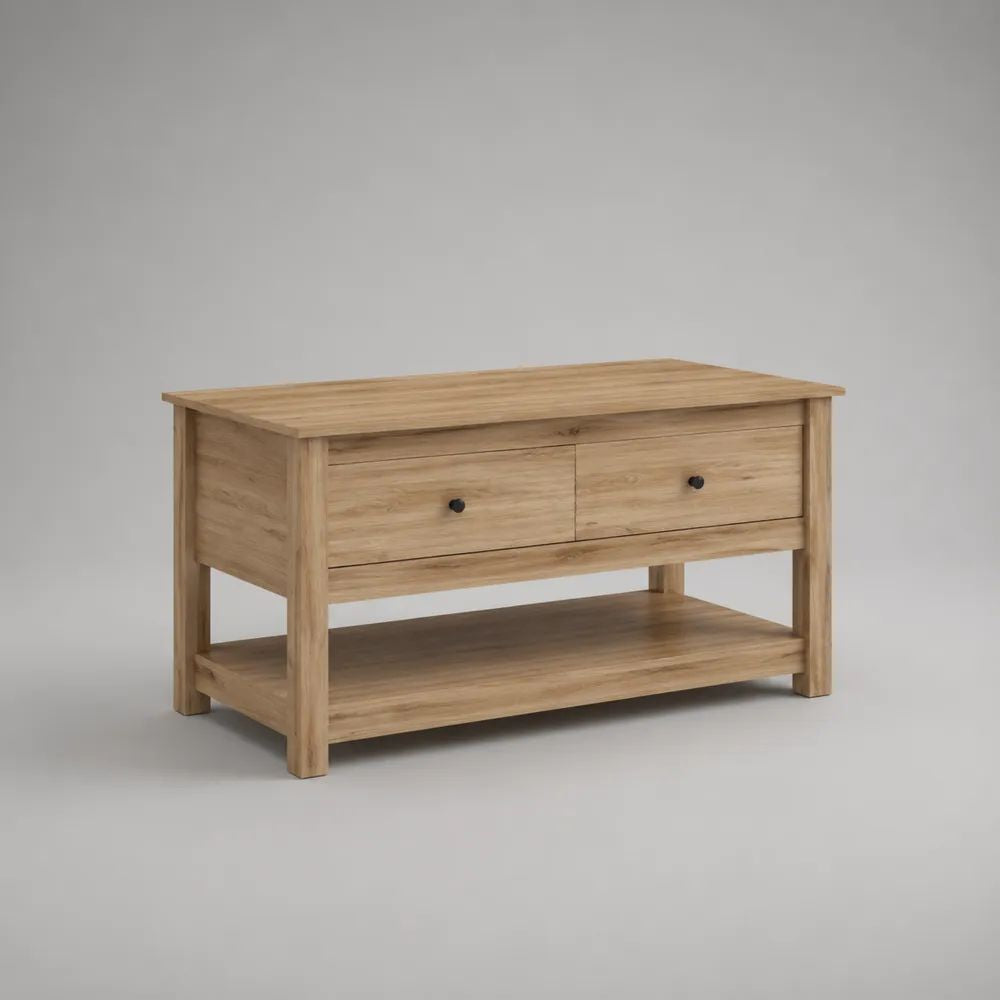 Tavolino da salotto rettangolare in legno con 2 cassetti e ripiano, rovere naturale e nero, 100 x 50 x 60 cm