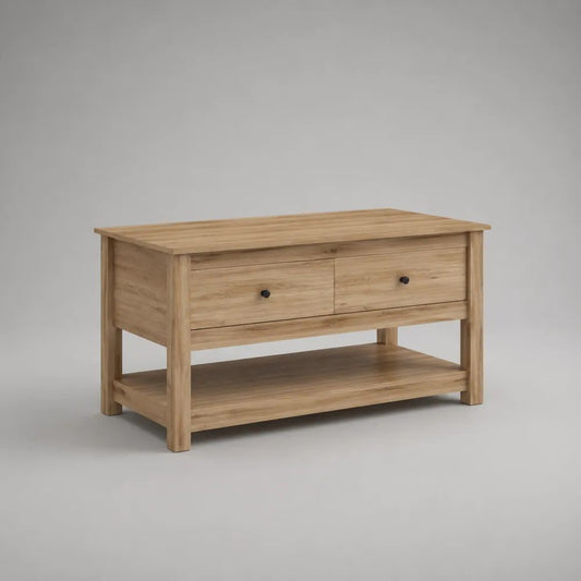 Tavolino da salotto rettangolare in legno con 2 cassetti e ripiano, rovere naturale e nero, 100 x 50 x 60 cm