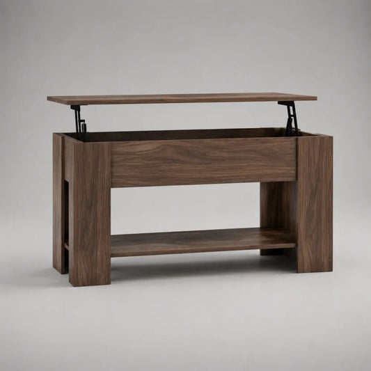 Tavolino rettangolare elevabile in MDF impiallacciato, marrone noce e nero, 100 x 50 x 50 cm