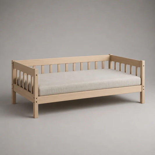 Divano letto singolo rettangolare in legno massello di pino naturale con materasso crema, superficie 90 × 200 cm, dimensioni 208 × 98 × 80 cm