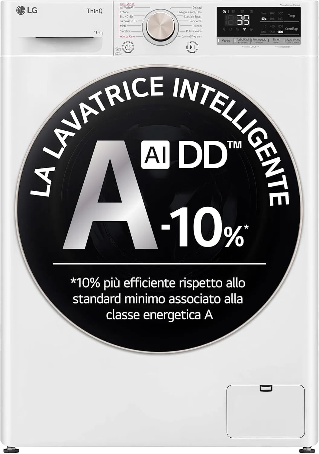 LG F4R7010TSWG Lavatrice, 7 programmi, 10 kg, classe energetica A, libera installazione, Wi-Fi, vapore, bianco, Funzione TurboWash 360, 1400 Giri