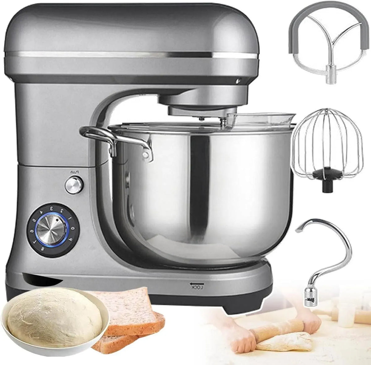 panifici, Grande capacità, Impastatrice planetaria Professionale da 2000 W, 10 l, 8 Marce, con Gancio impastatore + Gancio impastatore + sbattitore