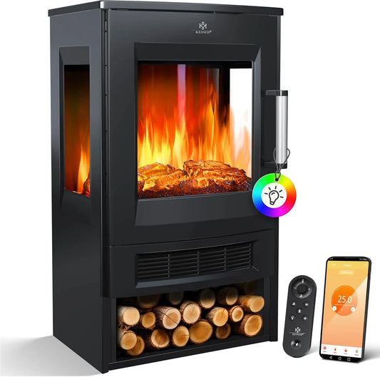 Ventilatore, 1800 W, Wi-Fi, nero, effetto fiamma LED 9 modalità colore, WiFi 900/1800 W termostato, KESSER® Camino elettrico riscaldamento