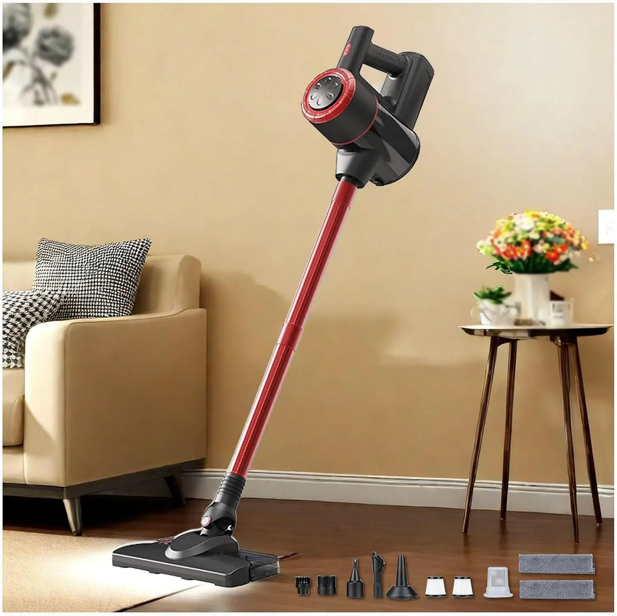 Aspirapolvere 18KPa/120W/35Mins, 120 W, vapore, rosso, Lavapavimenti Senza Filo 5 in 1, Tappeti