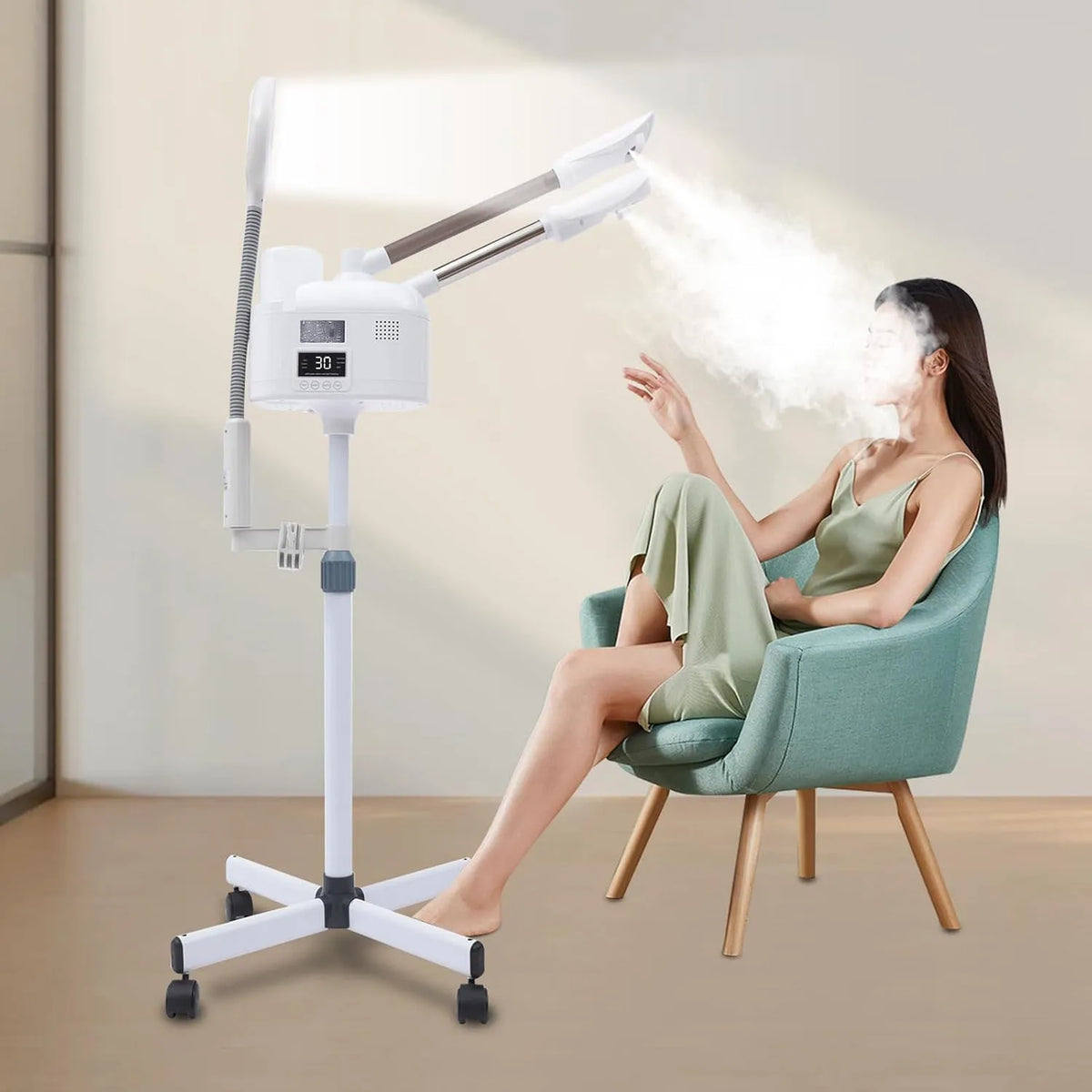 Per Salone di Bellezza, Vapozone Estetica Professionale 3 in 1 Vapore Viso dotato di Luce LED e Lente d'ingrandimento Altezza Regolabile Modalità