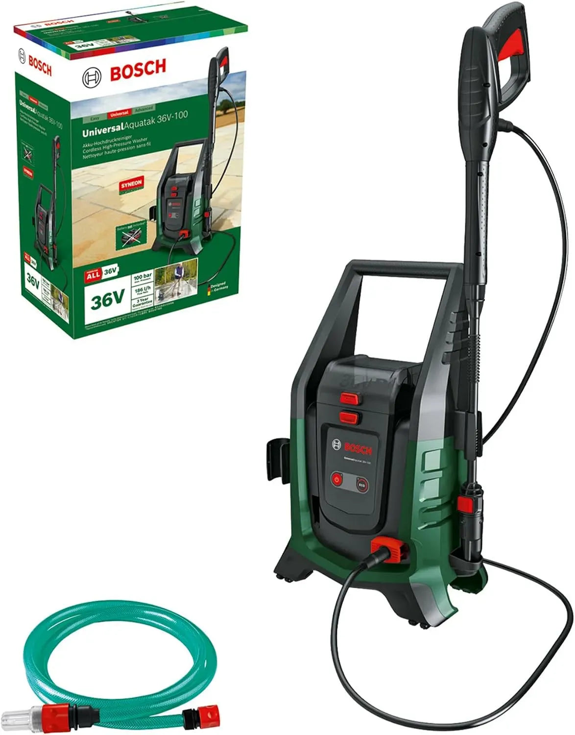 Bosch 36V-100 Idropulitrice, 36 V, pulitrice ad alta pressione, Idropulitrice ad alta pressione a batteria UniversalAquatak