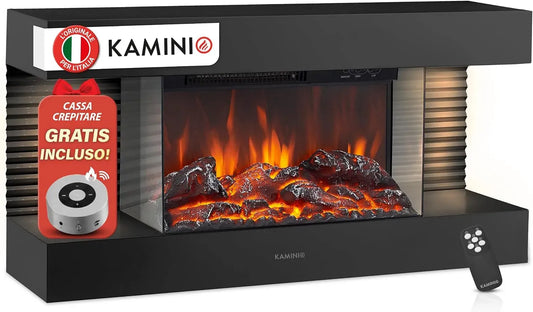 Camino elettrico LIZ, effetto fiamma 3D, Caminetto elettrico da parete con riscaldamento, luce ambiente a LED, telecomando