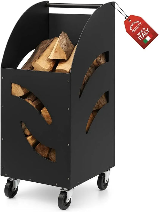 Contenitore, Carrello, 80 x 42 x 32 cm, esterno, ruote di trasporto, nero, legno, per Ceppi Legno Stufa Camino, MOHOME