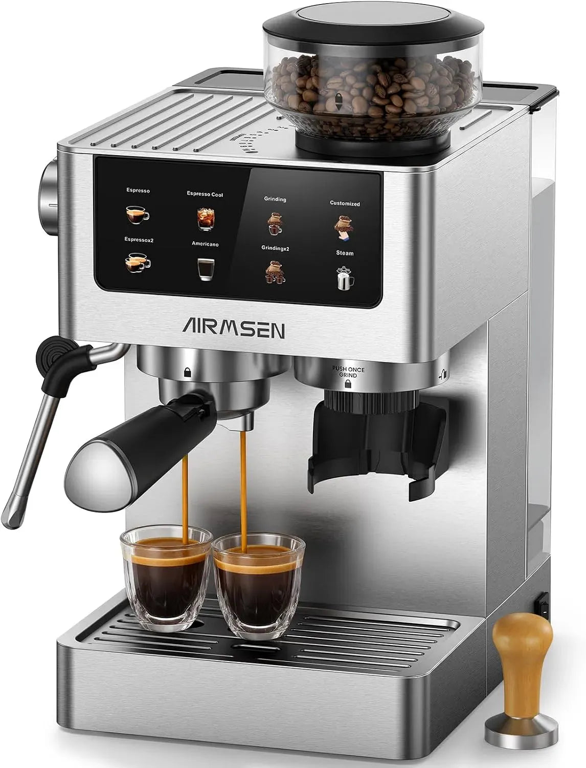 Montalatte, 1,8 L, cappuccinatore, AIRMSEN, macinino per chicchi di caffè, 20 Bar Macchina per Caffè Espresso con Macinacaffè e Montalatte